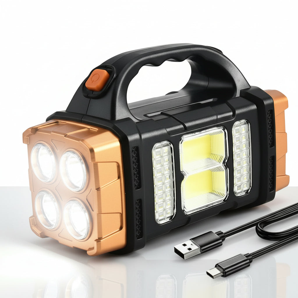 Portable Powerful USB Rechargeable Flashlight Solar LED Light with COB Work Light 4 Gear Charge Mobile Phone Camping Lamp